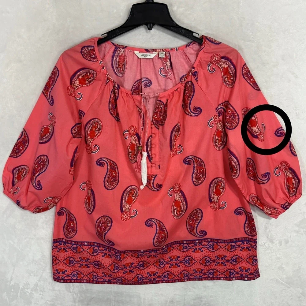 Liz Claiborne Coral Paisley Boho Blouse Top 1X Colorful‎ Resort Summer Shirt